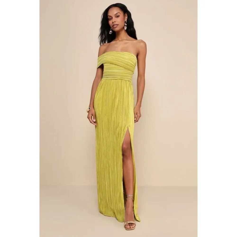 Lulus Poised Performance Chartreuse Plisse One-shoulder Maxi Dress Green - Picture 1 of 1